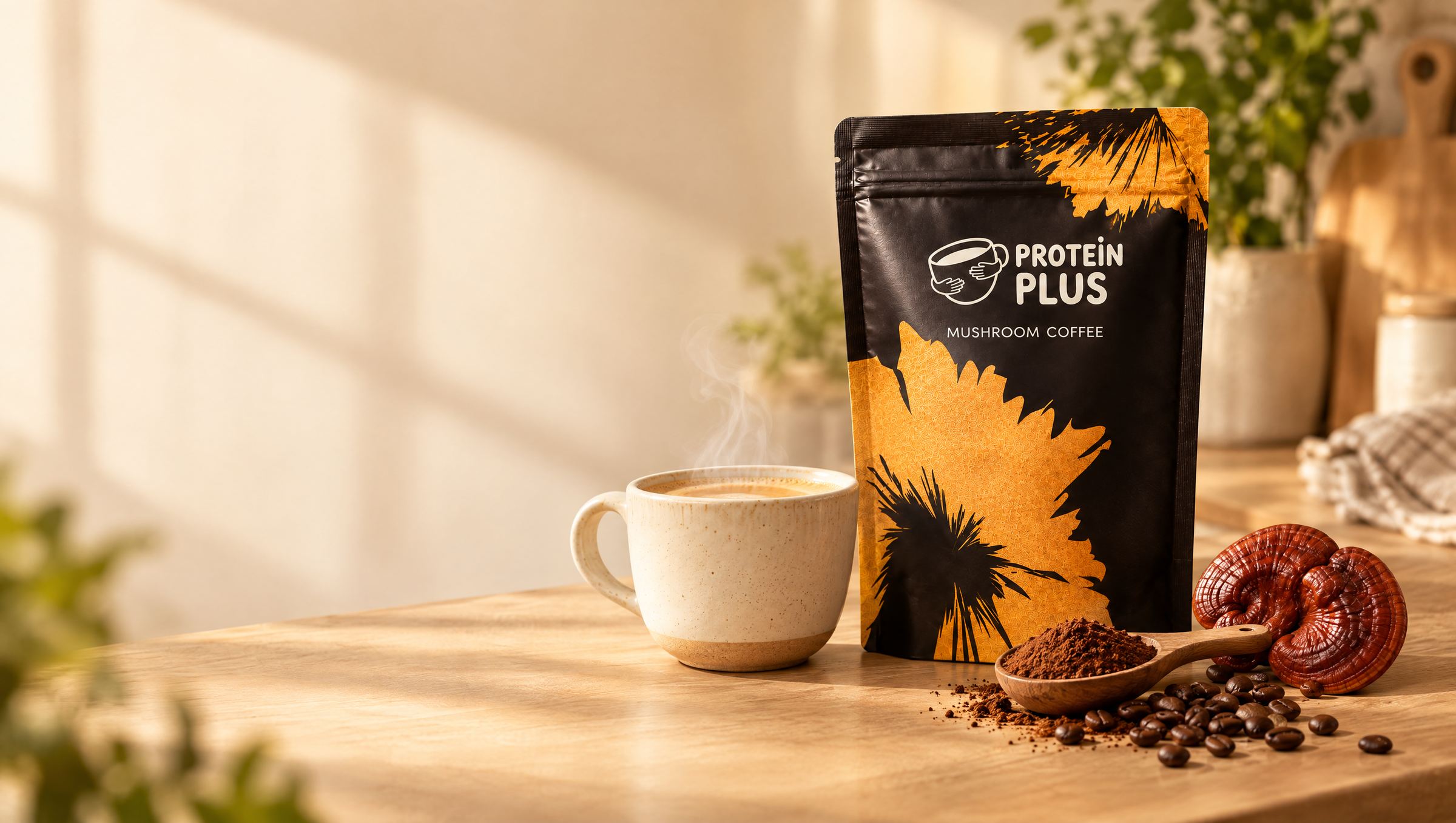 Sachet ProteinPlus et tasse de café